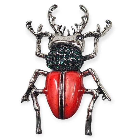 Unbranded Jewelry - Vintage Style Beetle Brooch Red Enamel Body Green Rhinestones Insect Pin Jewelry
